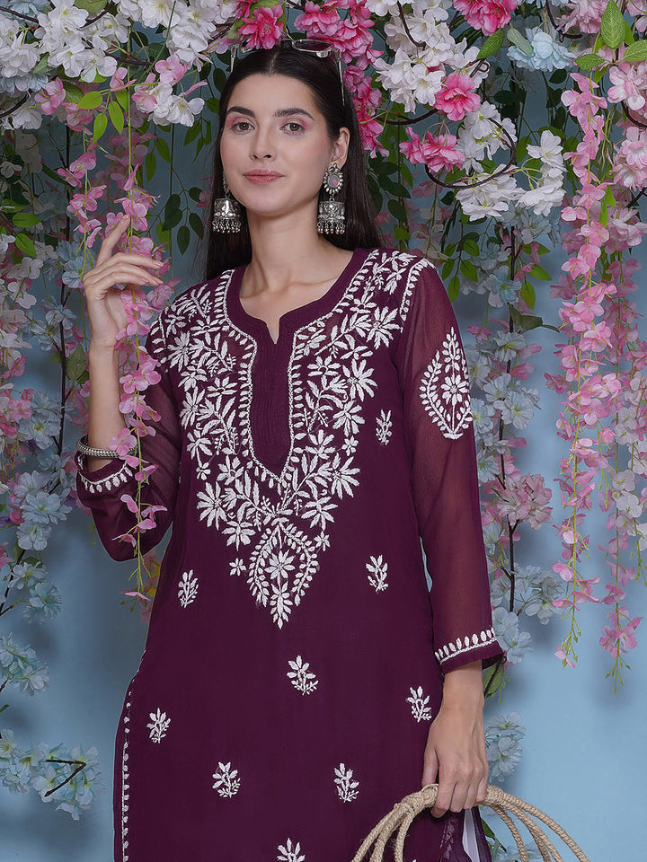 Combo Wine Cotton Chikankari Kurti For Women and Chikankari Mirror Sharara By Saahiba | 70% OFF Today