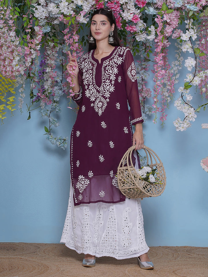 Combo Wine Cotton Chikankari Kurti For Women and Chikankari Mirror Sharara By Saahiba | 70% OFF Today