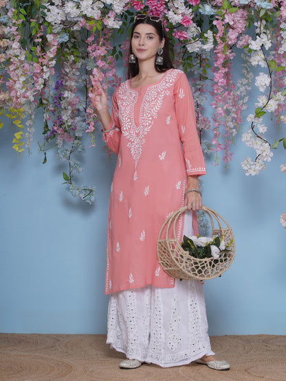 Peach Cotton Chikankari Kurti For Women