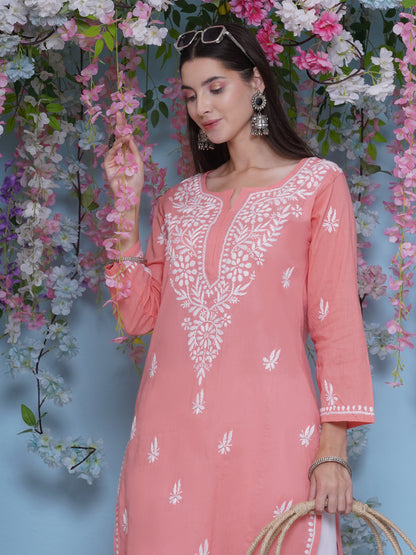 Peach Cotton Chikankari Kurti For Women