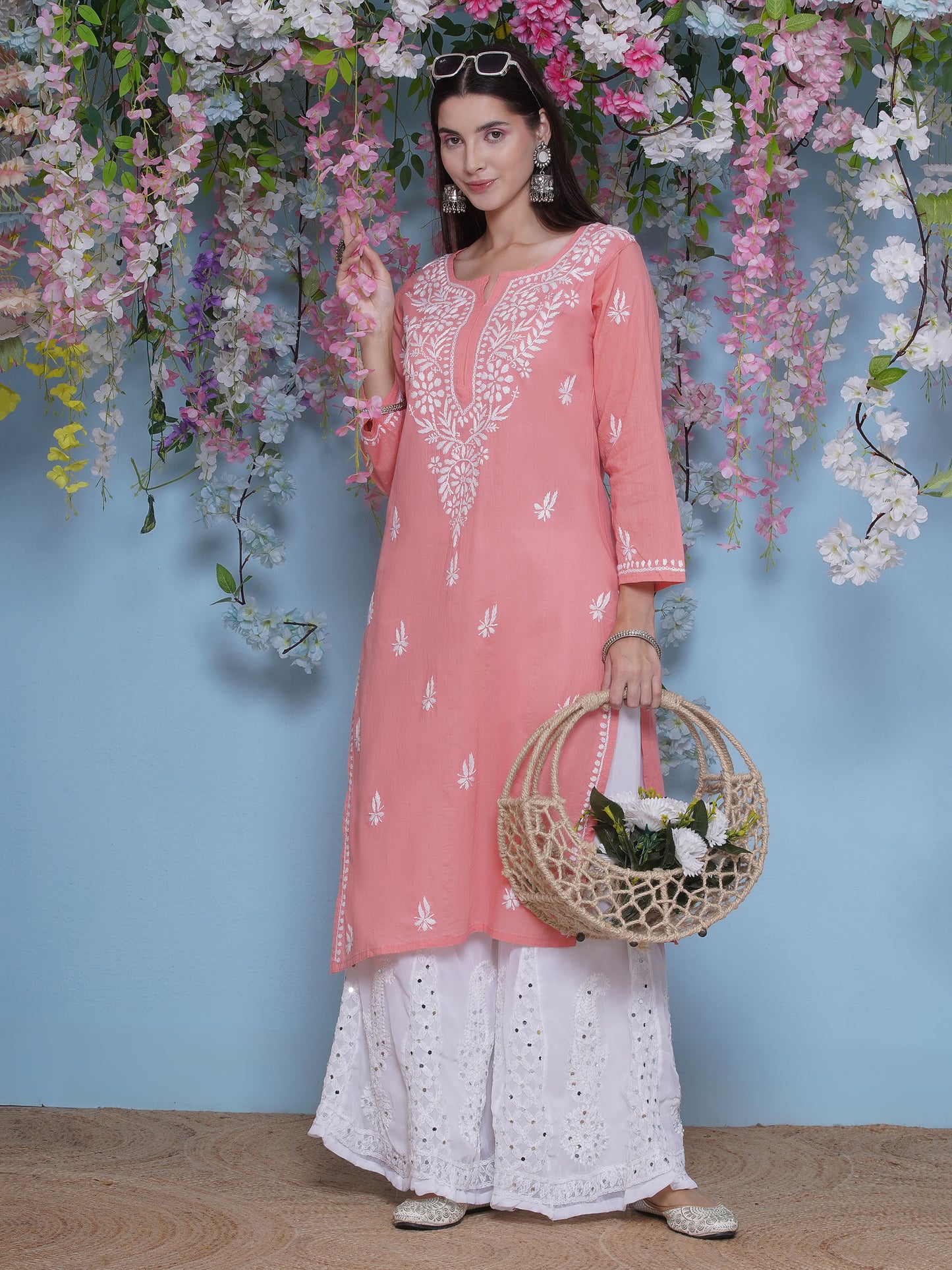Peach Cotton Chikankari Kurti For Women