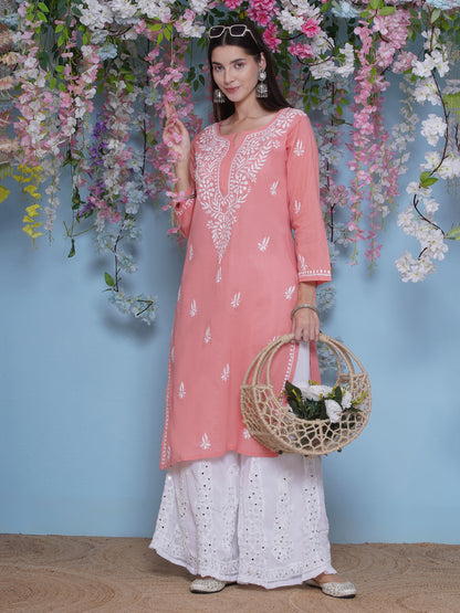 Peach Cotton Chikankari Kurti For Women