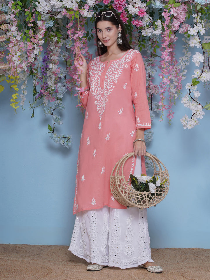 Peach Cotton Chikankari Kurti For Women