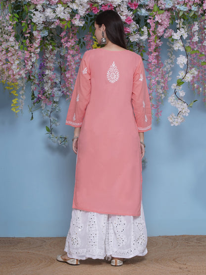 Peach Cotton Chikankari Kurti For Women