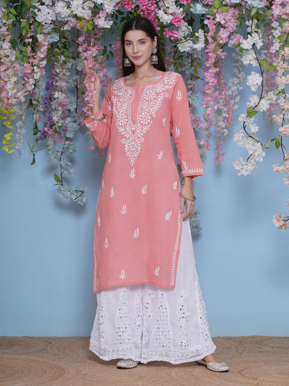 Peach Cotton Chikankari Kurti For Women