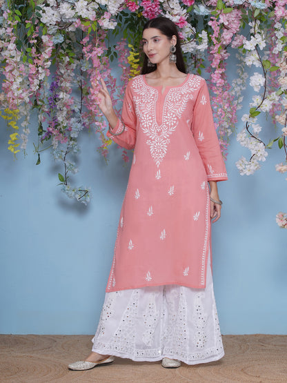 Peach Cotton Chikankari Kurti For Women