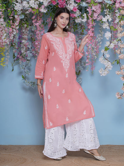 Peach Cotton Chikankari Kurti For Women