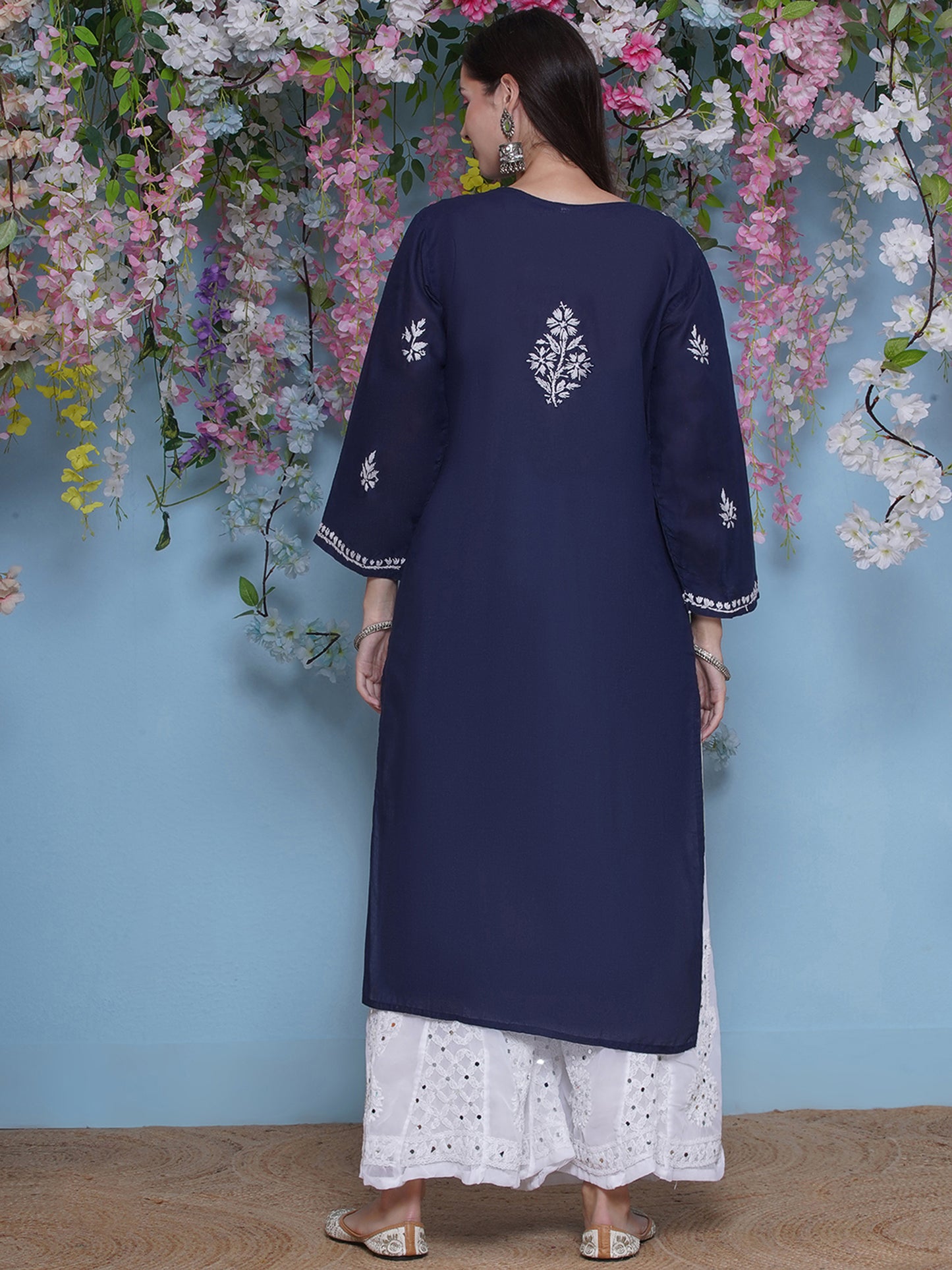 Navy Blue Cotton Chikankari Kurti For Women
