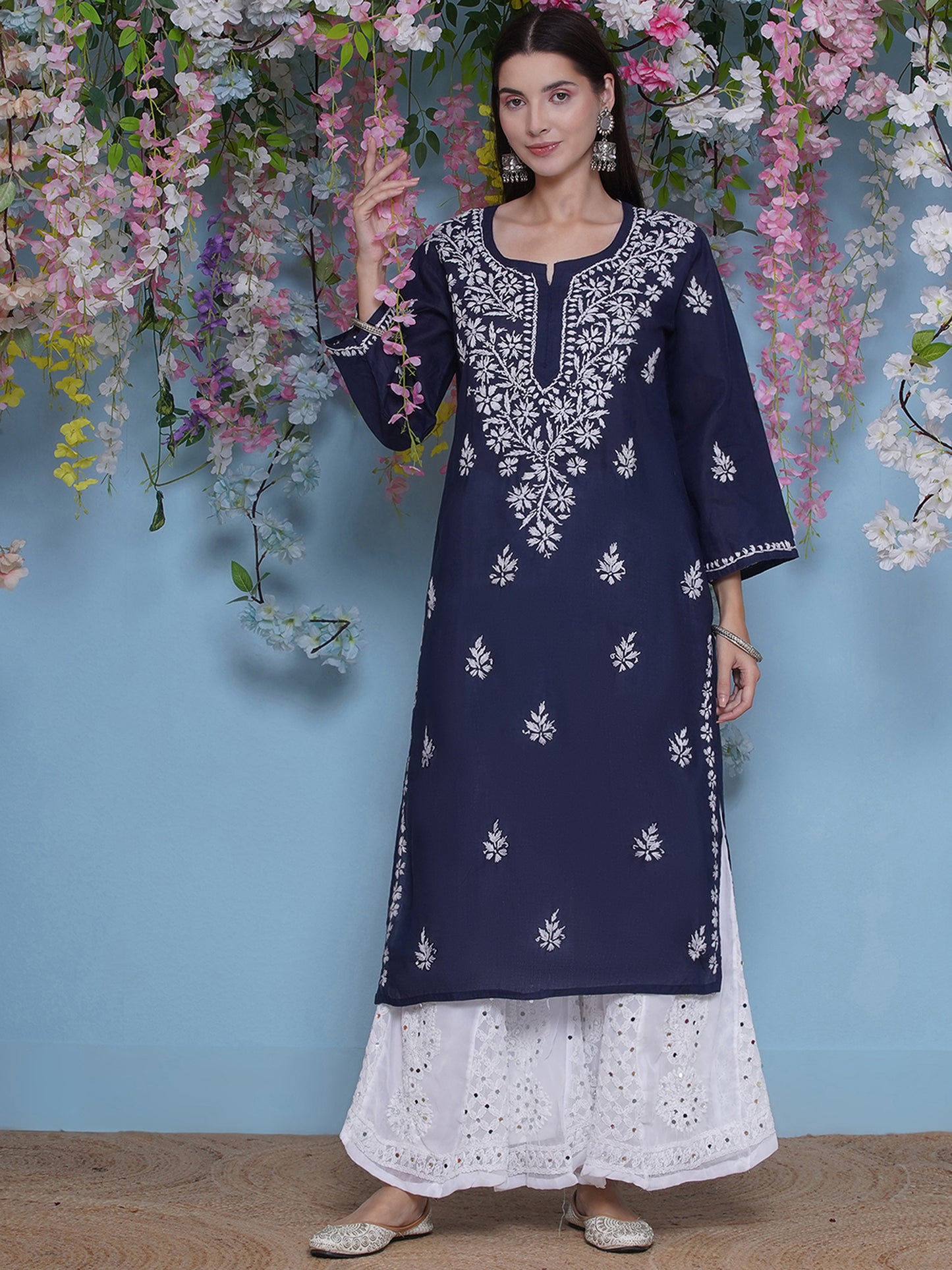 Navy Blue Cotton Chikankari Kurti For Women