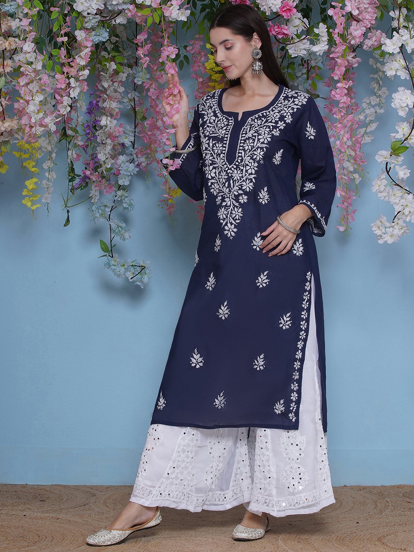 Navy Blue Cotton Chikankari Kurti For Women