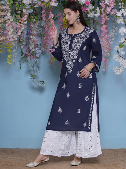 Navy Blue Cotton Chikankari Kurti For Women