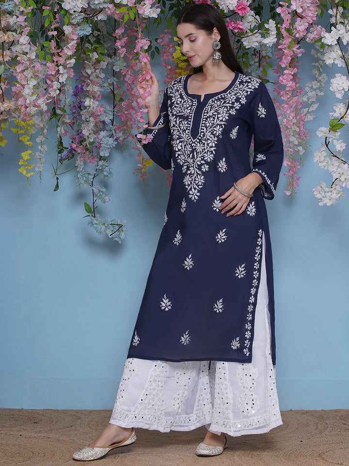 Navy Blue Cotton Chikankari Kurti For Women