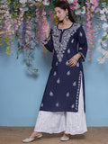 Navy Blue Cotton Chikankari Kurti For Women