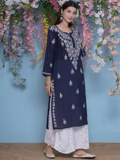 Navy Blue Cotton Chikankari Kurti For Women