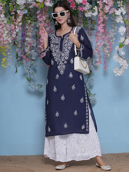Navy Blue Cotton Chikankari Kurti For Women