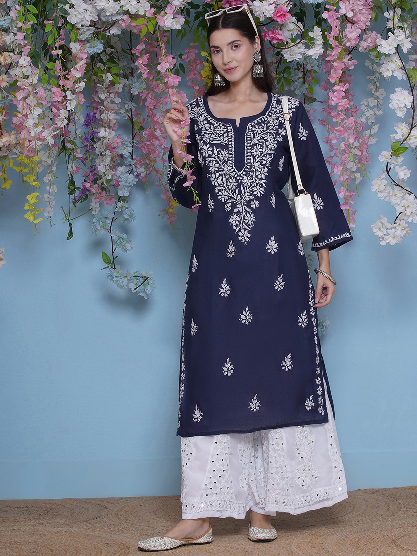 Navy Blue Cotton Chikankari Kurti For Women