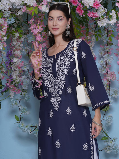 Navy Blue Cotton Chikankari Kurti For Women