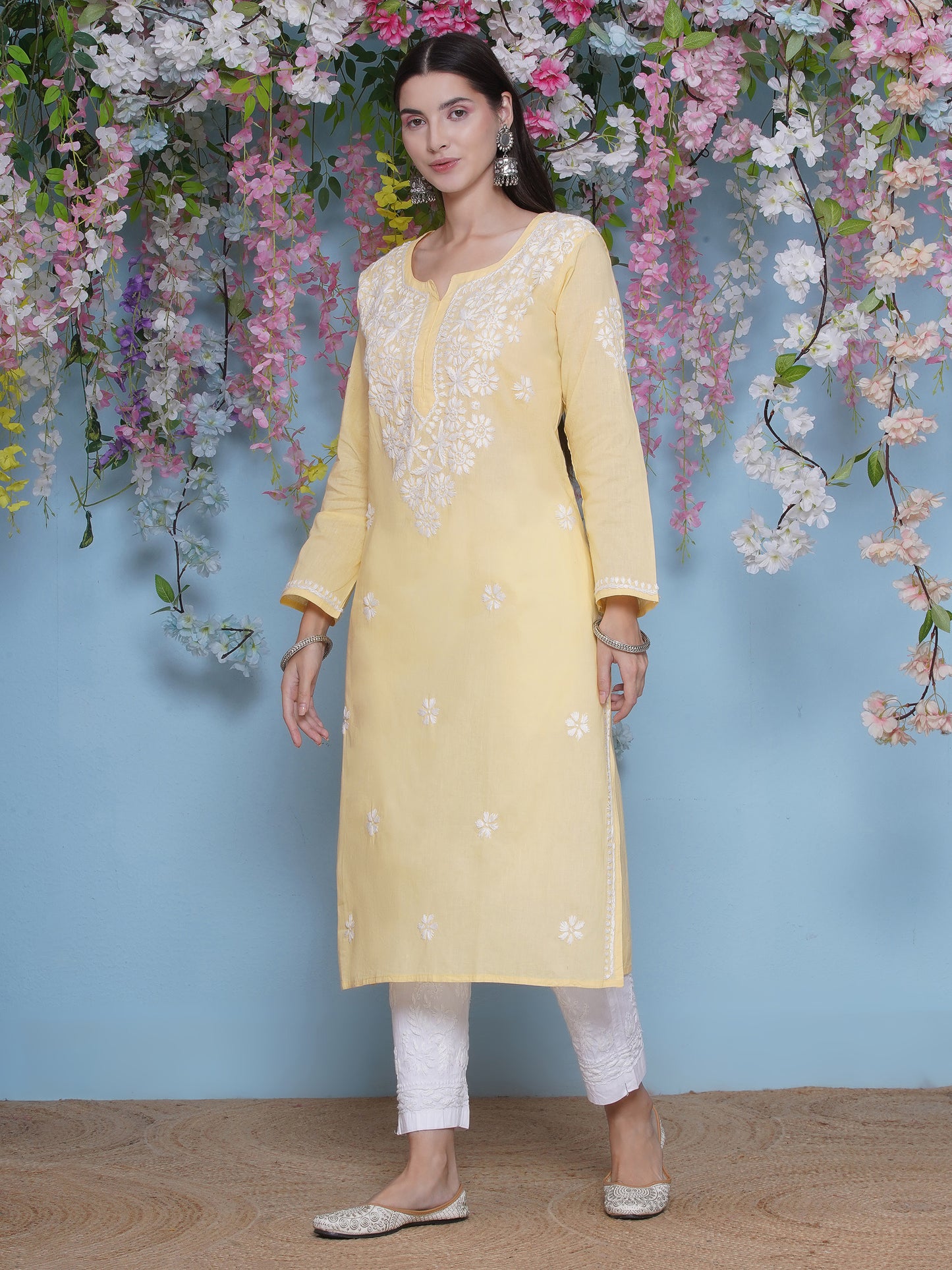 Yellow Cotton Chikankari Kurti By Saahiba