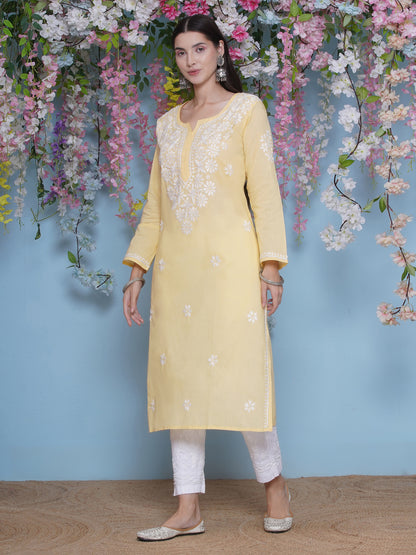 Yellow Cotton Chikankari Kurti By Saahiba
