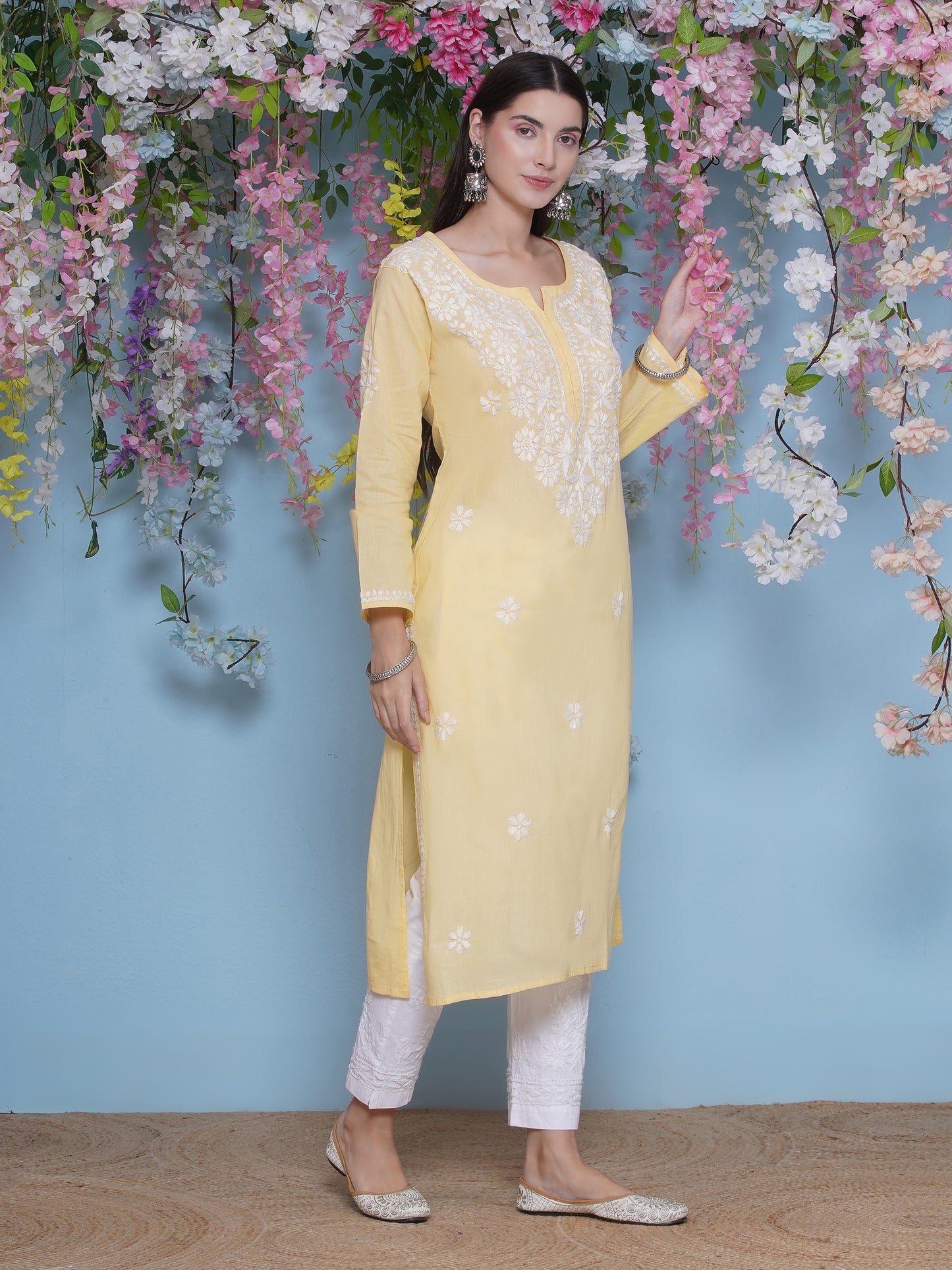 Yellow Cotton Chikankari Kurti By Saahiba