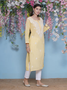 Yellow Cotton Chikankari Kurti By Saahiba