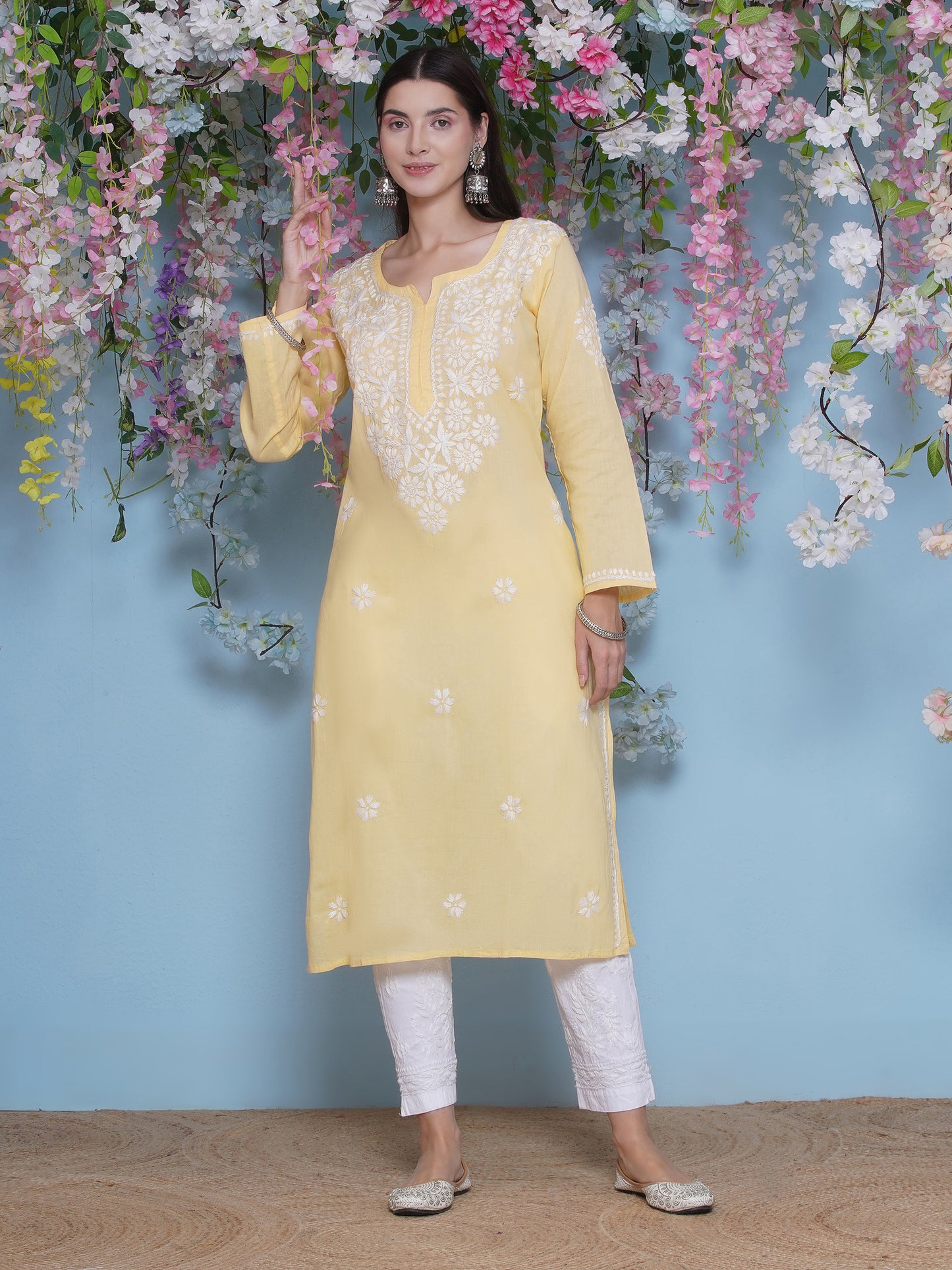 Yellow Cotton Chikankari Kurti By Saahiba