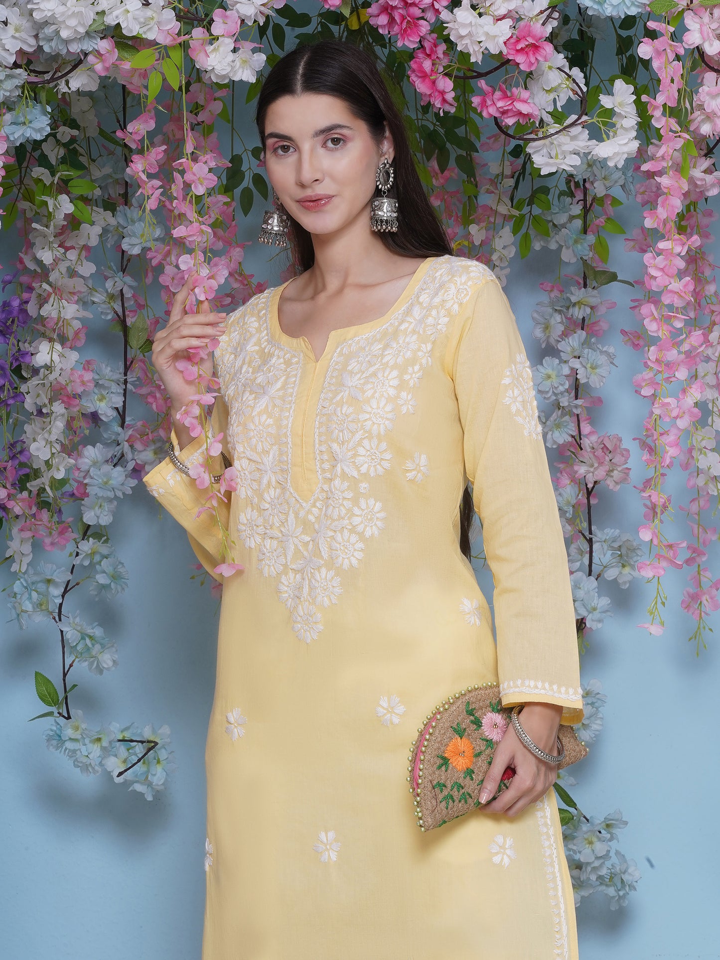 Yellow Cotton Chikankari Kurti By Saahiba