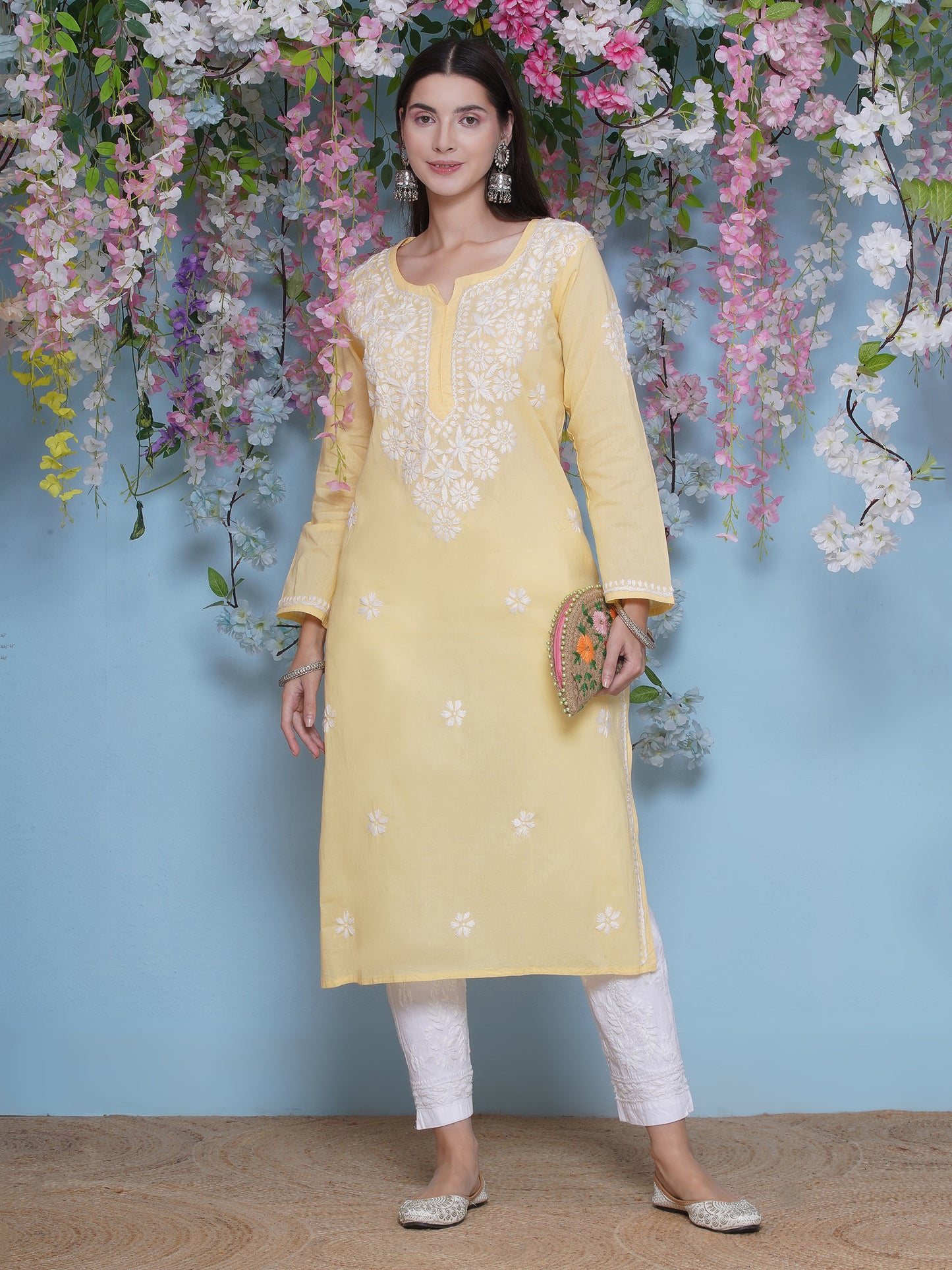 Yellow Cotton Chikankari Kurti By Saahiba