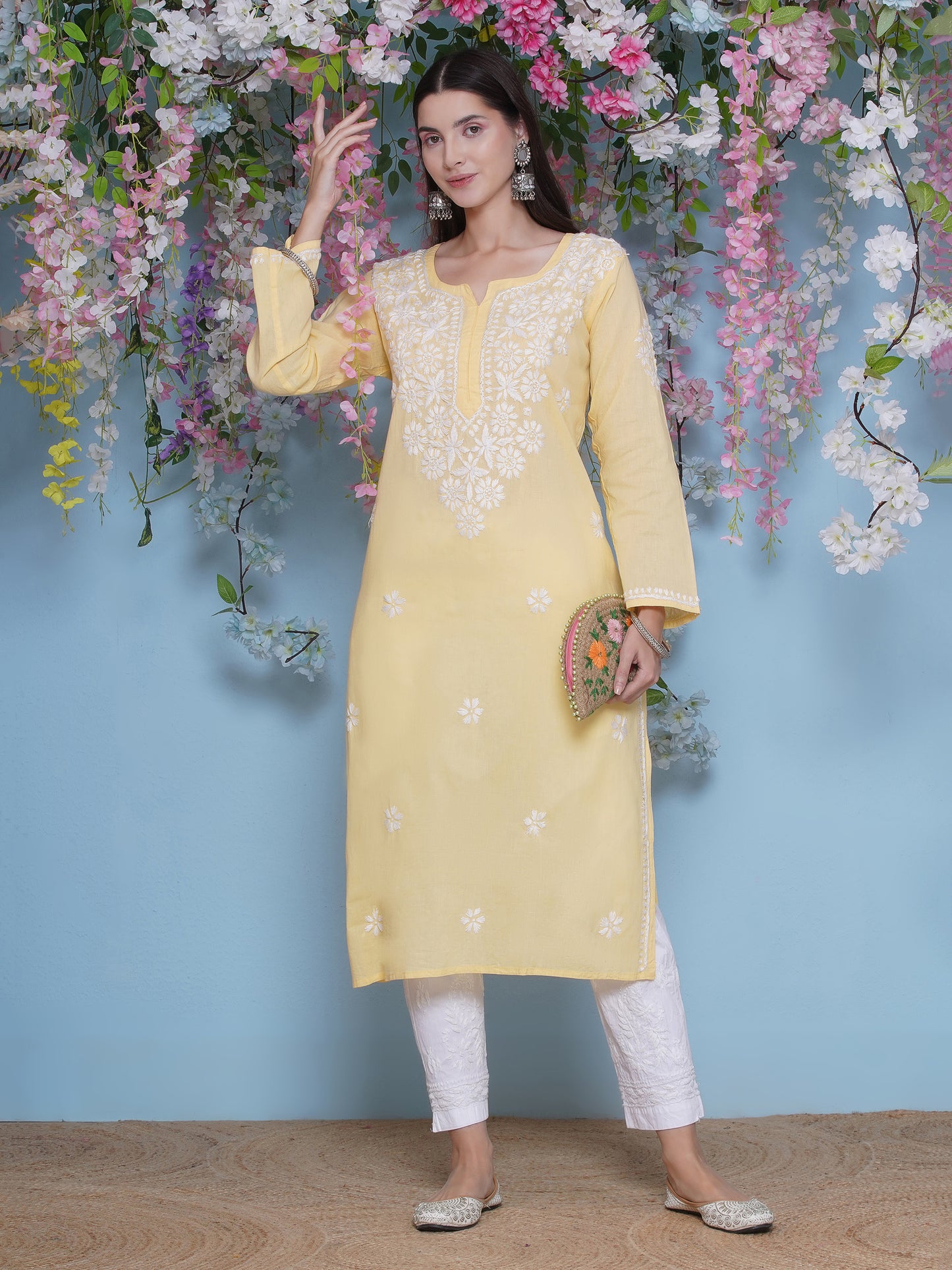 Yellow Cotton Chikankari Kurti By Saahiba