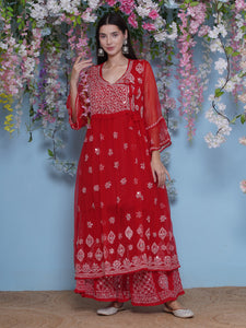 Combo Red Cotton Chikankari Kurti For Women and Chikankari Mirror Sharara By Saahiba | 70% OFF Today