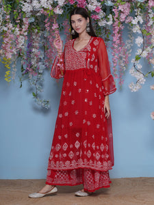 Combo Red Cotton Chikankari Kurti For Women and Chikankari Mirror Sharara By Saahiba | 70% OFF Today
