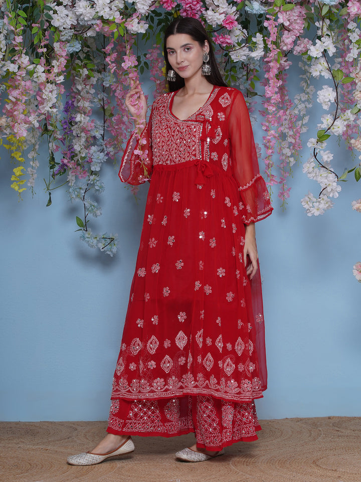Combo Red Cotton Chikankari Kurti For Women and Chikankari Mirror Sharara By Saahiba | 70% OFF Today