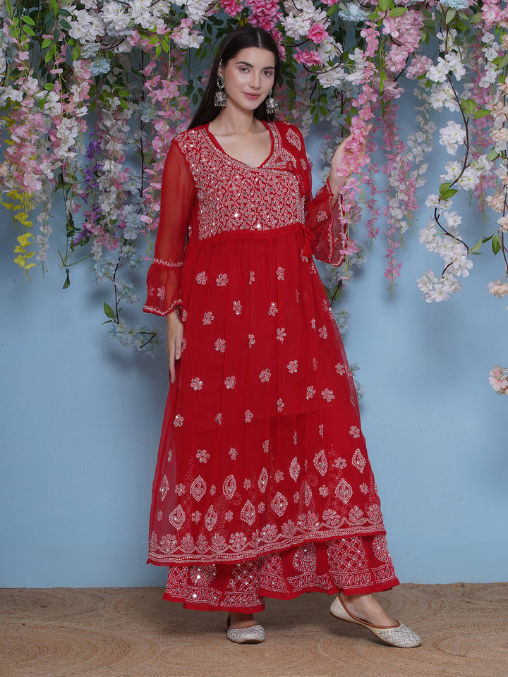 Combo Red Cotton Chikankari Kurti For Women and Chikankari Mirror Sharara By Saahiba | 70% OFF Today