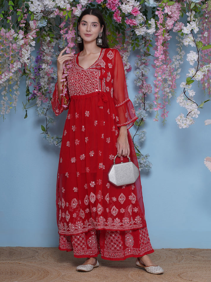 Combo Red Cotton Chikankari Kurti For Women and Chikankari Mirror Sharara By Saahiba | 70% OFF Today
