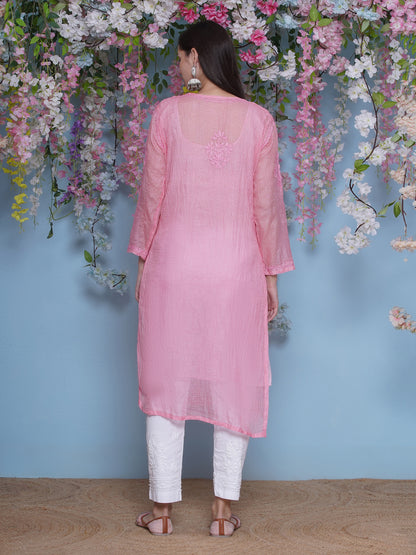 Pink Cotton Chikankari Kurti For Women