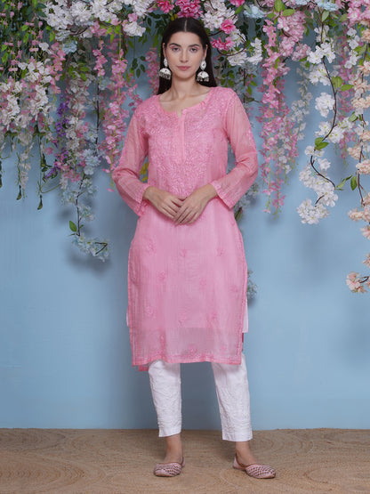 Pink Cotton Chikankari Kurti For Women