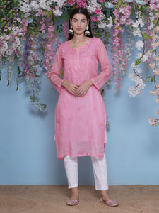 Pink Cotton Chikankari Kurti For Women