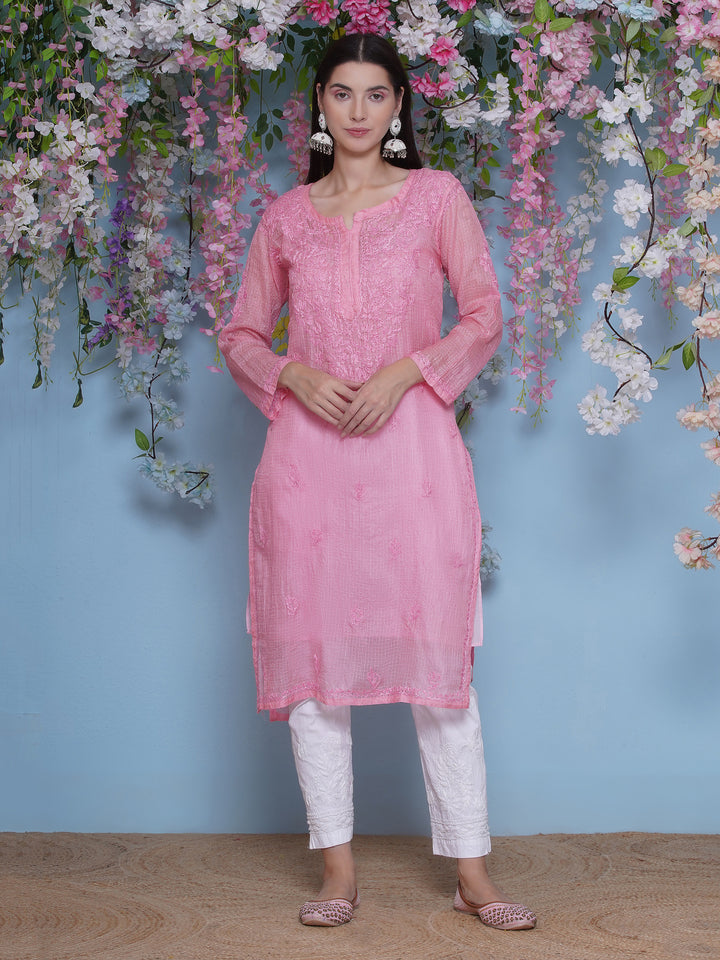 Pink Cotton Chikankari Kurti For Women