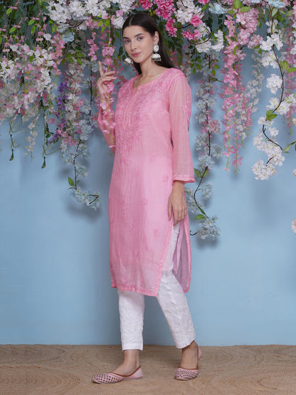 Pink Cotton Chikankari Kurti For Women