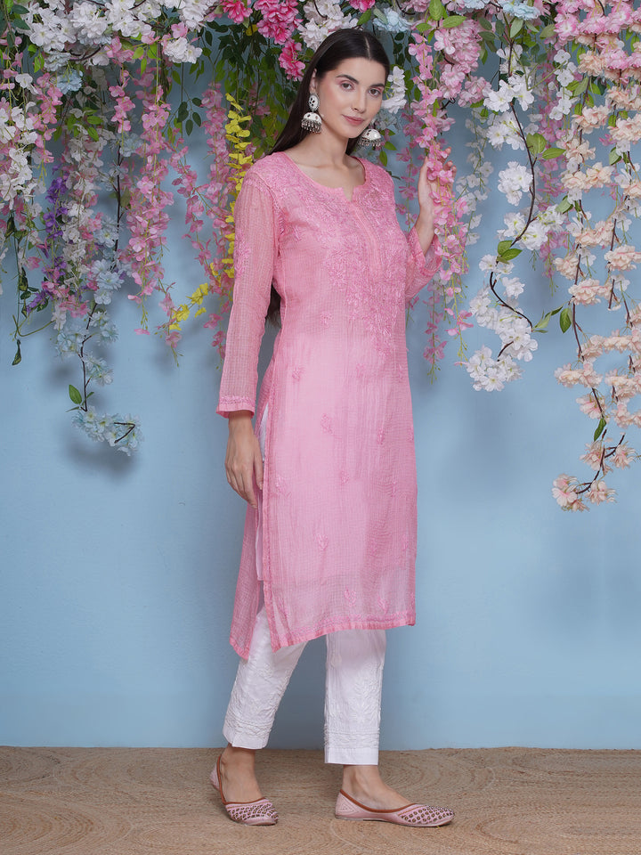 Pink Cotton Chikankari Kurti For Women