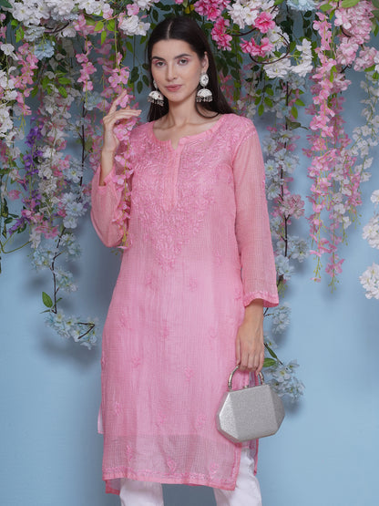 Pink Cotton Chikankari Kurti For Women
