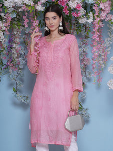 Pink Cotton Chikankari Kurti For Women