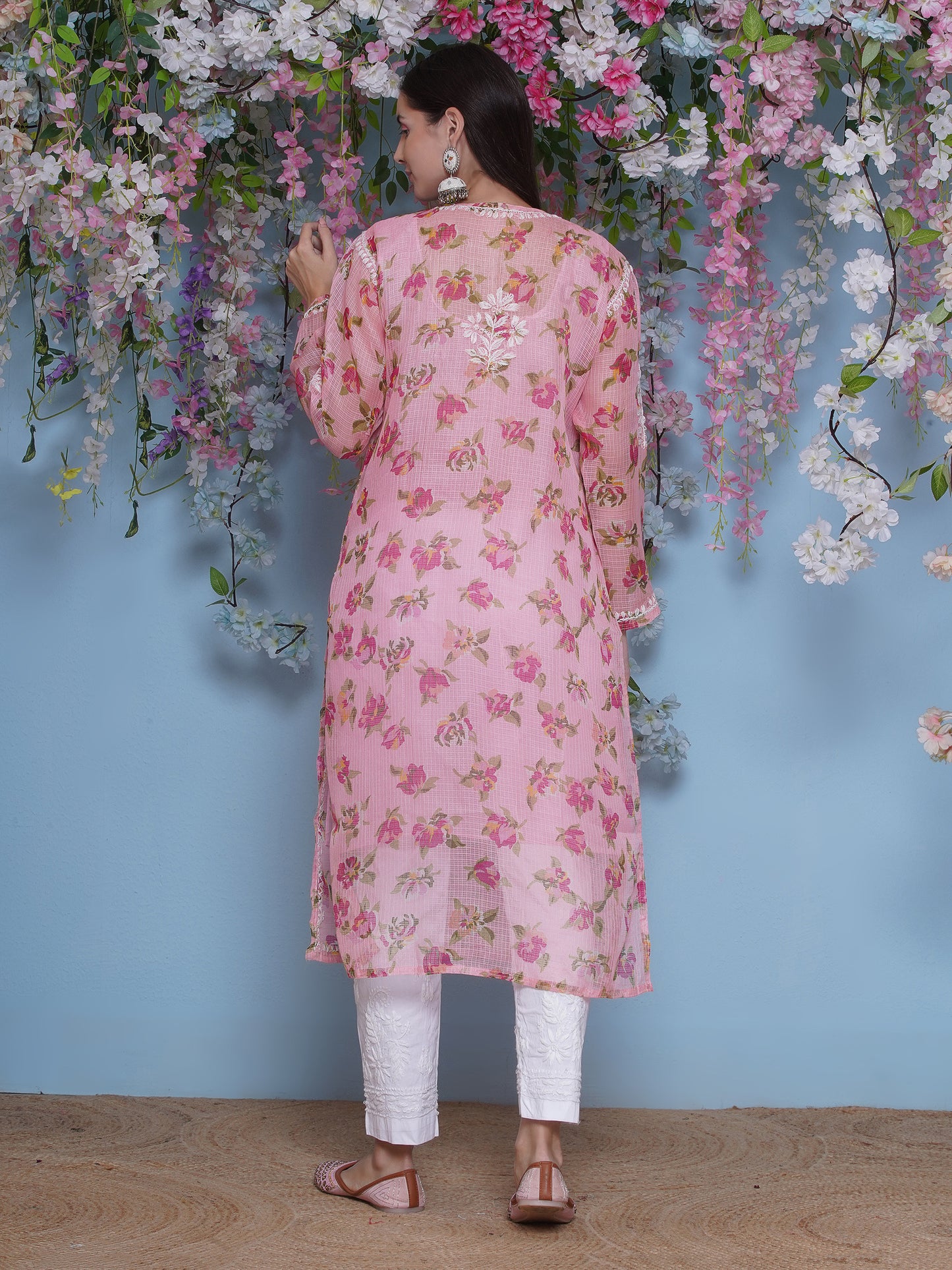 Pink Cotton Chikankari Kurti For Women