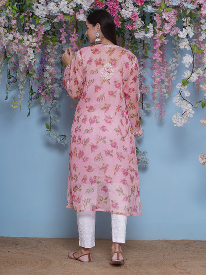 Pink Cotton Chikankari Kurti For Women