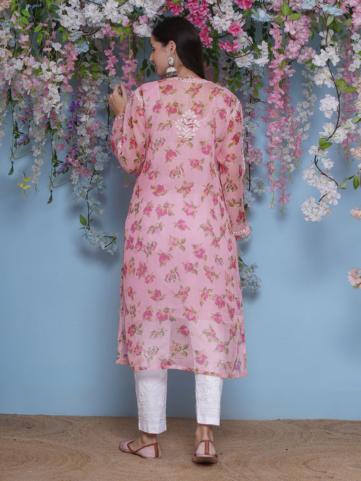 Pink Cotton Chikankari Kurti For Women