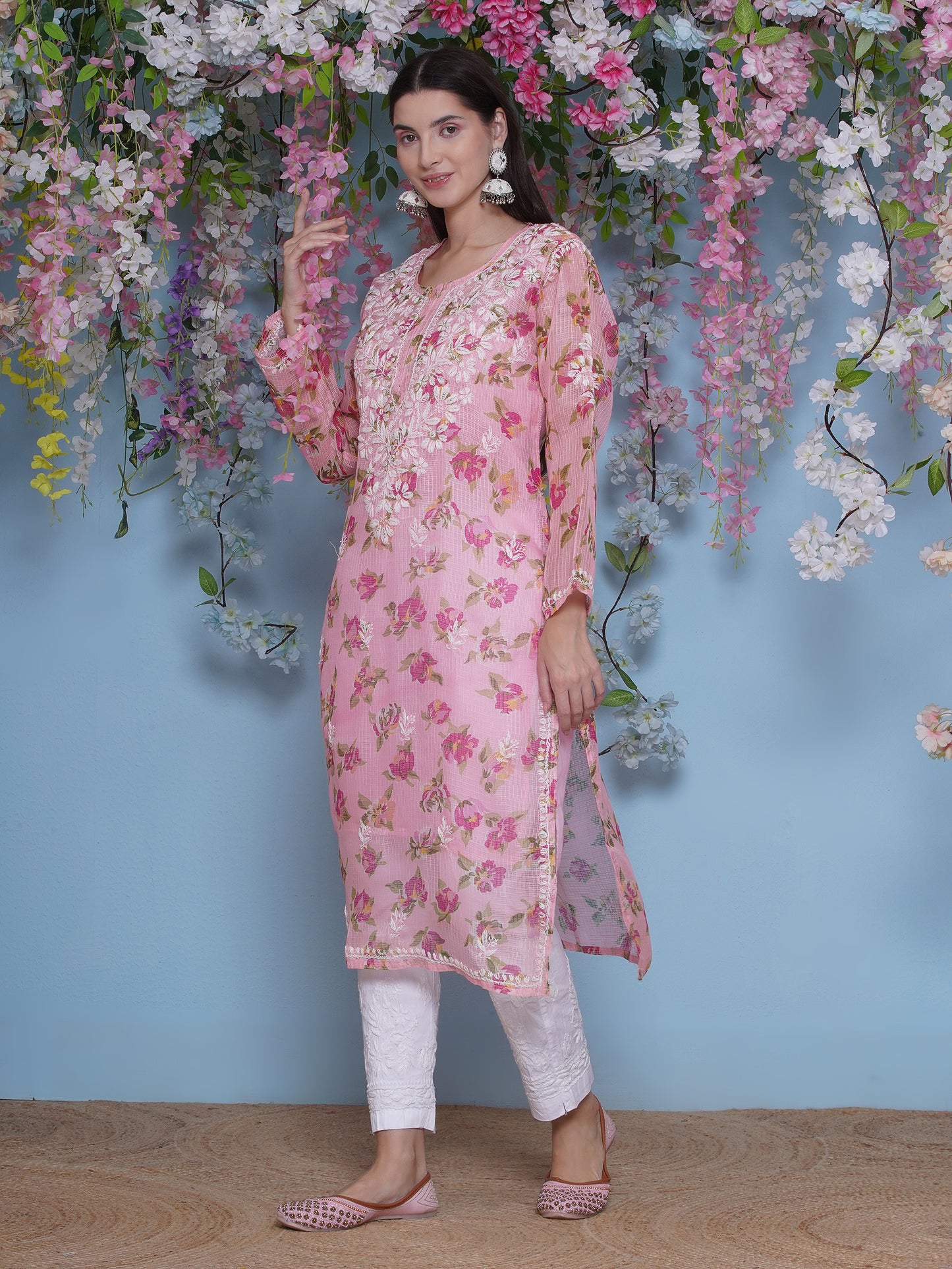 Pink Cotton Chikankari Kurti For Women
