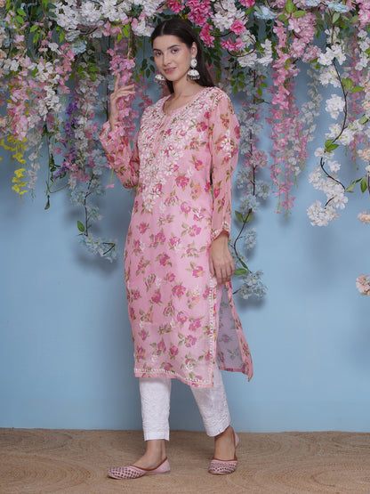 Pink Cotton Chikankari Kurti For Women