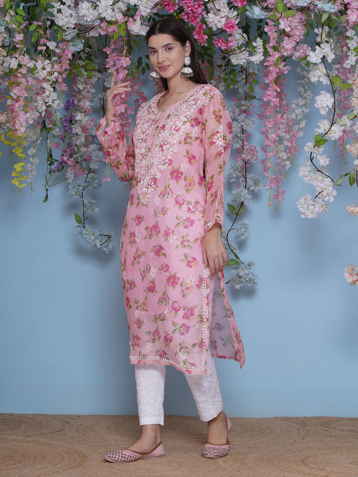 Pink Cotton Chikankari Kurti For Women