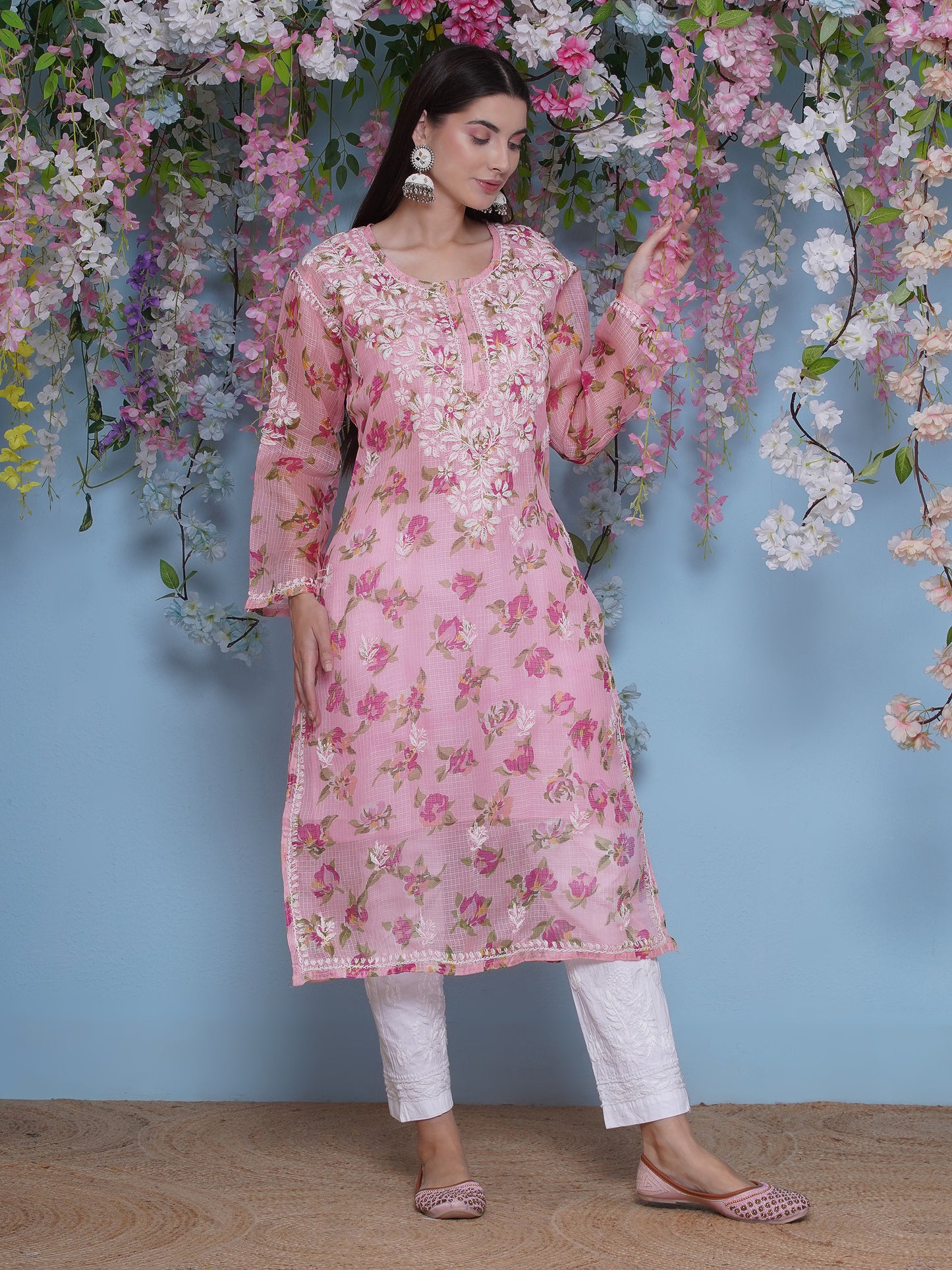 Pink Cotton Chikankari Kurti For Women