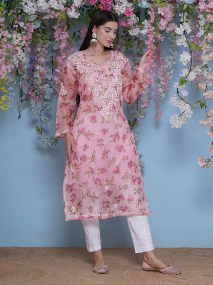 Pink Cotton Chikankari Kurti For Women